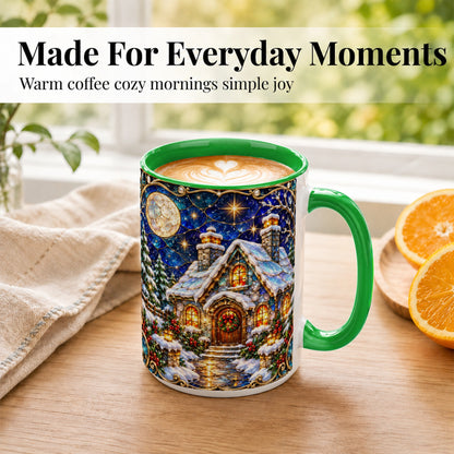 #pl[15oz|Green] Jeweled Winter Cottage Coffee Mug, Stained Glass Style Mug, Ceramic Cup