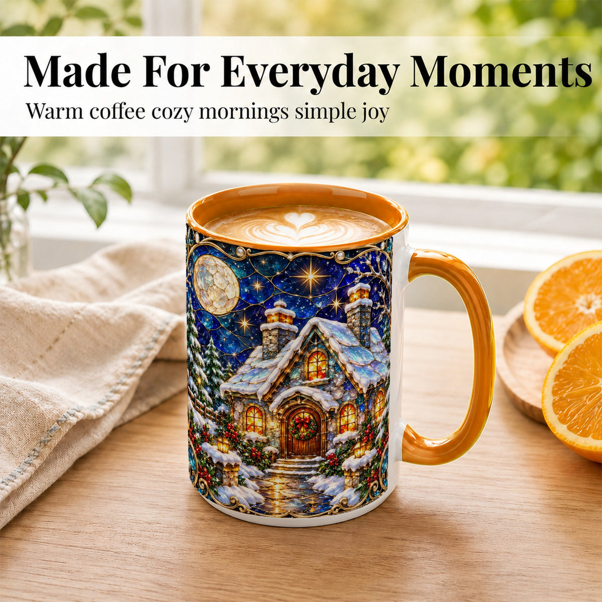 #pl[15oz|Orange] Jeweled Winter Cottage Coffee Mug, Stained Glass Style Mug, Ceramic Cup