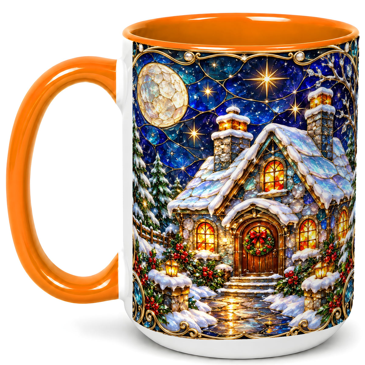 #pl[15oz|Orange] Jeweled Winter Cottage Coffee Mug, Stained Glass Style Mug, Ceramic Cup