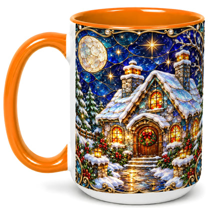 #pl[15oz|Orange] Jeweled Winter Cottage Coffee Mug, Stained Glass Style Mug, Ceramic Cup
