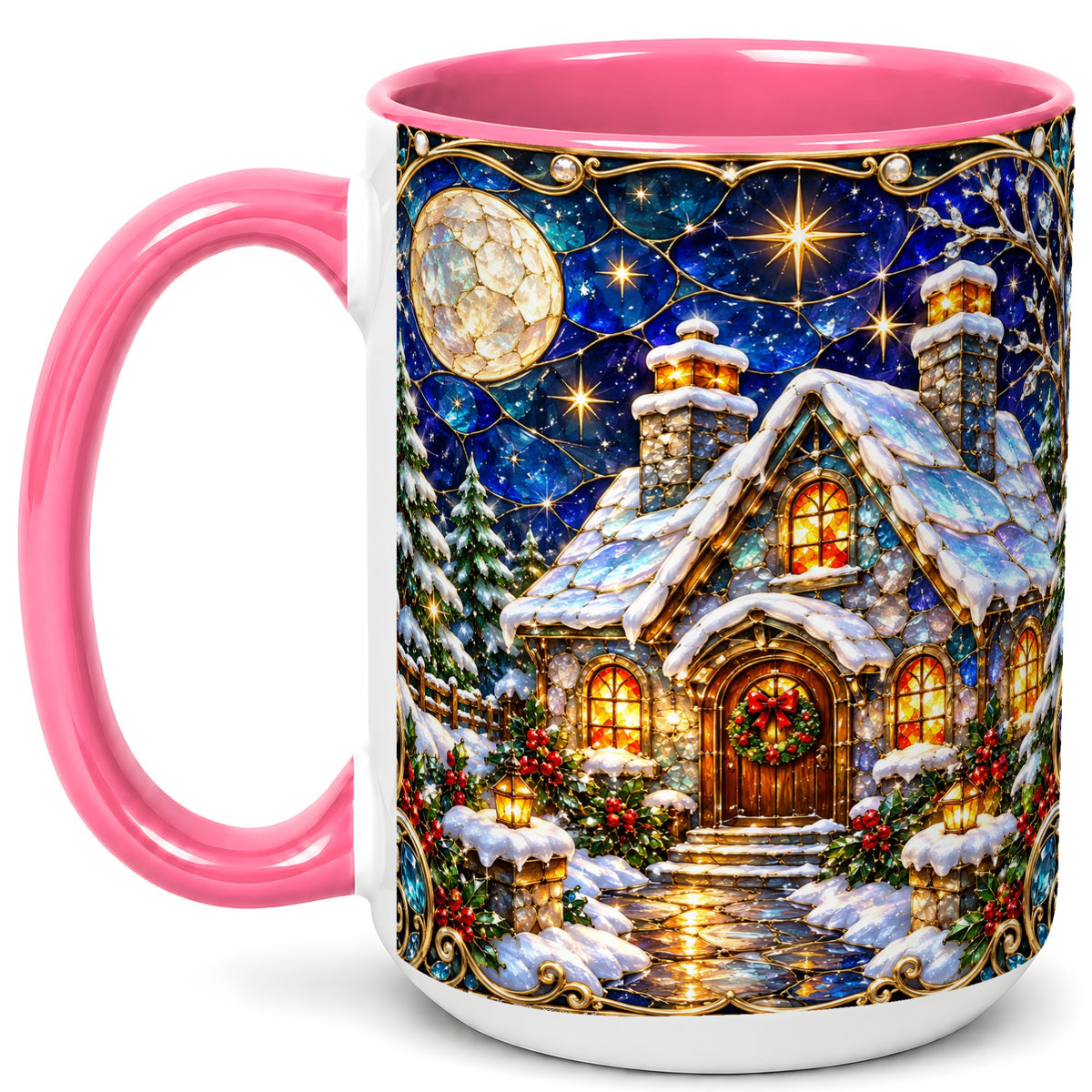 #pl[15oz|Pink] Jeweled Winter Cottage Coffee Mug, Stained Glass Style Mug, Ceramic Cup