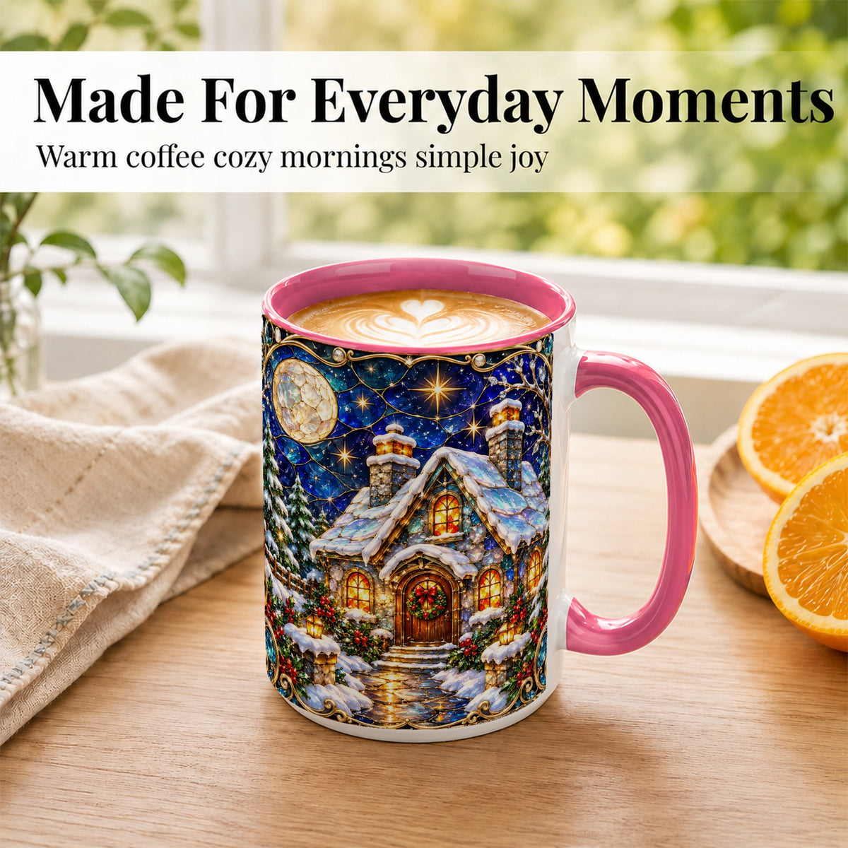 #pl[15oz|Pink] Jeweled Winter Cottage Coffee Mug, Stained Glass Style Mug, Ceramic Cup