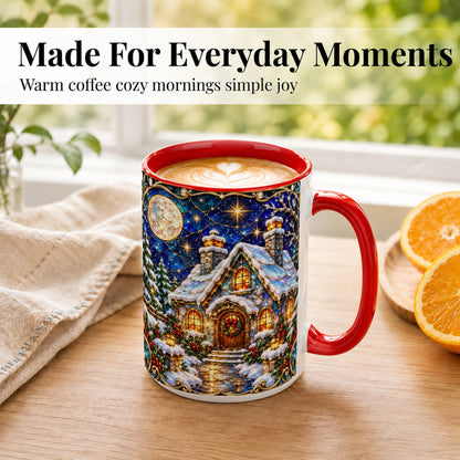#pl[15oz|Red] Jeweled Winter Cottage Coffee Mug, Stained Glass Style Mug, Ceramic Cup