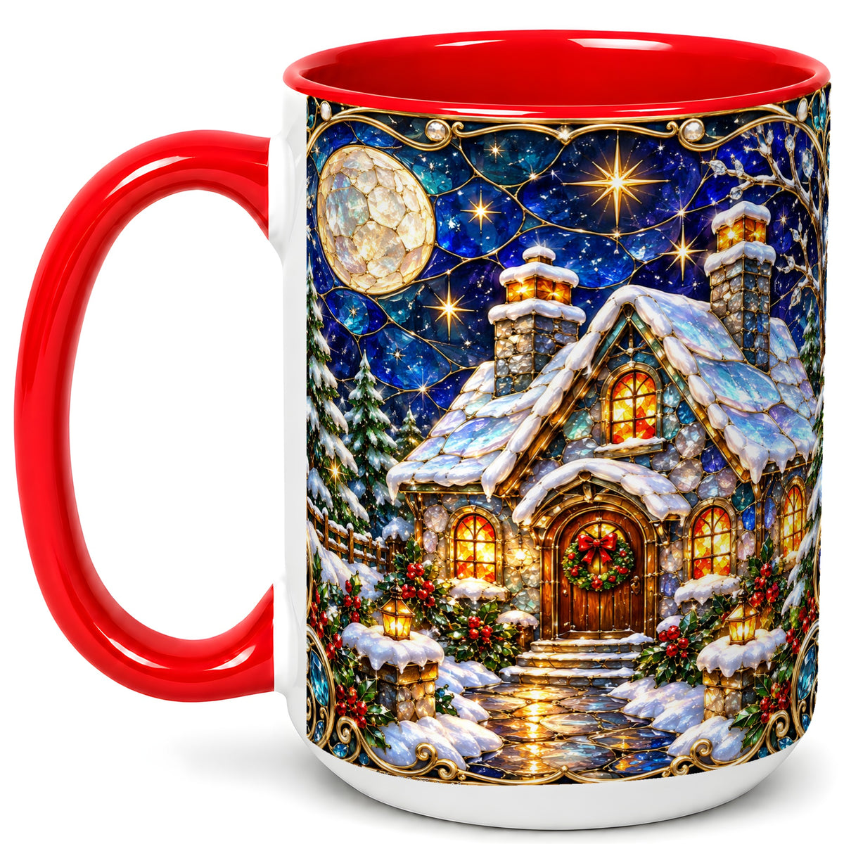 #pl[15oz|Red] Jeweled Winter Cottage Coffee Mug, Stained Glass Style Mug, Ceramic Cup