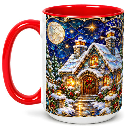 #pl[15oz|Red] Jeweled Winter Cottage Coffee Mug, Stained Glass Style Mug, Ceramic Cup