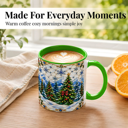 #pl[11oz|Green] Christmas Mountain Forest Coffee Mug, Evergreen Mug, Ceramic Cup