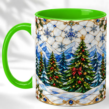 #pl[11oz|Green] Christmas Mountain Forest Coffee Mug, Evergreen Mug, Ceramic Cup