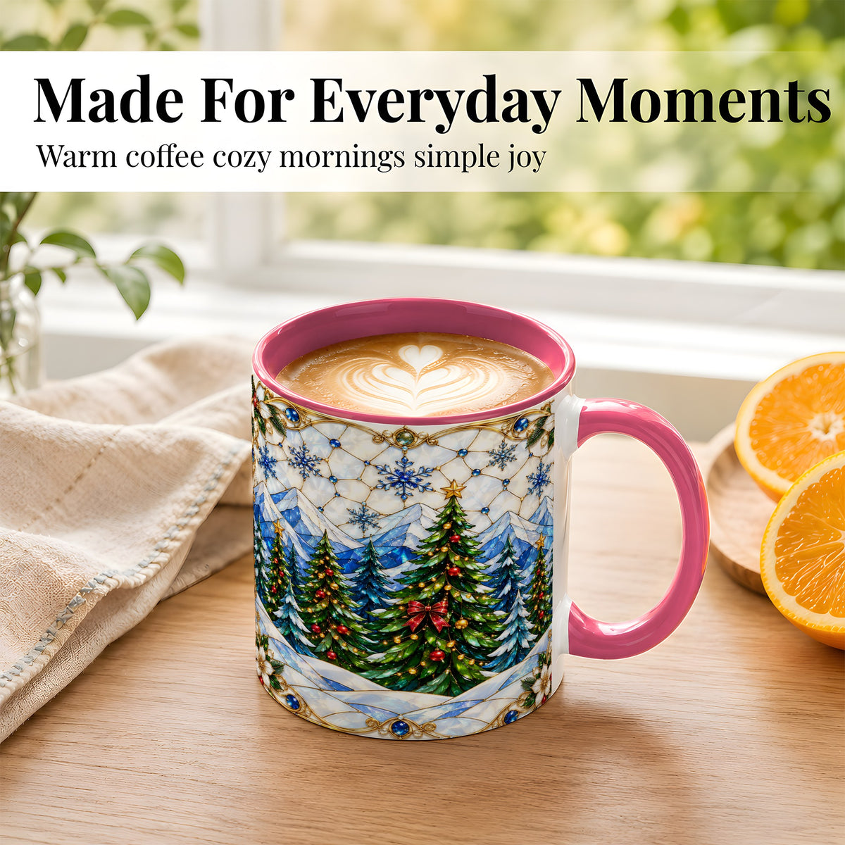 #pl[11oz|Pink] Christmas Mountain Forest Coffee Mug, Evergreen Mug, Ceramic Cup