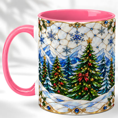 #pl[11oz|Pink] Christmas Mountain Forest Coffee Mug, Evergreen Mug, Ceramic Cup