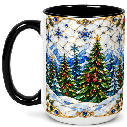 #pl[15oz|Black] Christmas Mountain Forest Coffee Mug, Evergreen Mug, Ceramic Cup