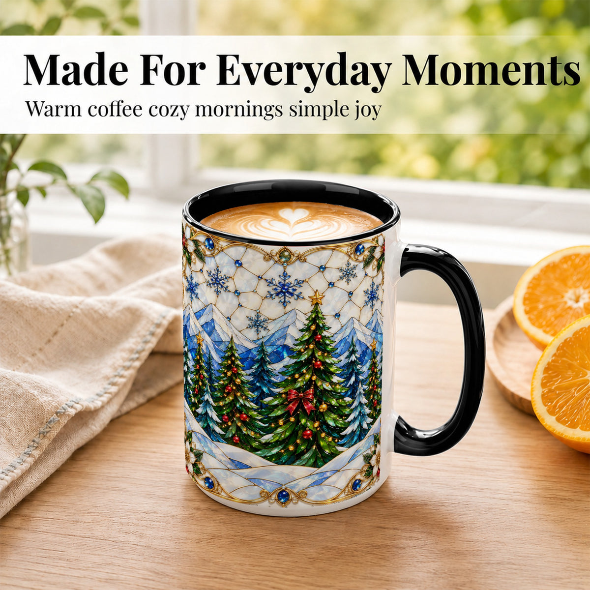 #pl[15oz|Black] Christmas Mountain Forest Coffee Mug, Evergreen Mug, Ceramic Cup