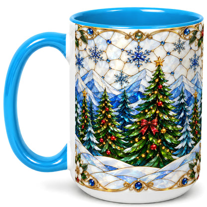 #pl[15oz|Blue] Christmas Mountain Forest Coffee Mug, Evergreen Mug, Ceramic Cup
