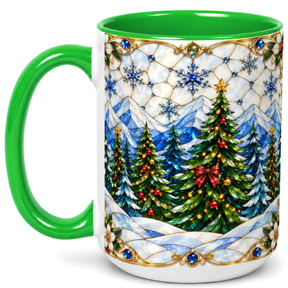 #pl[15oz|Green] Christmas Mountain Forest Coffee Mug, Evergreen Mug, Ceramic Cup