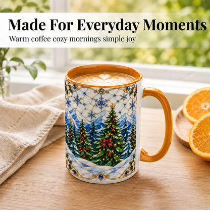 #pl[15oz|Orange] Christmas Mountain Forest Coffee Mug, Evergreen Mug, Ceramic Cup