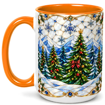 #pl[15oz|Orange] Christmas Mountain Forest Coffee Mug, Evergreen Mug, Ceramic Cup