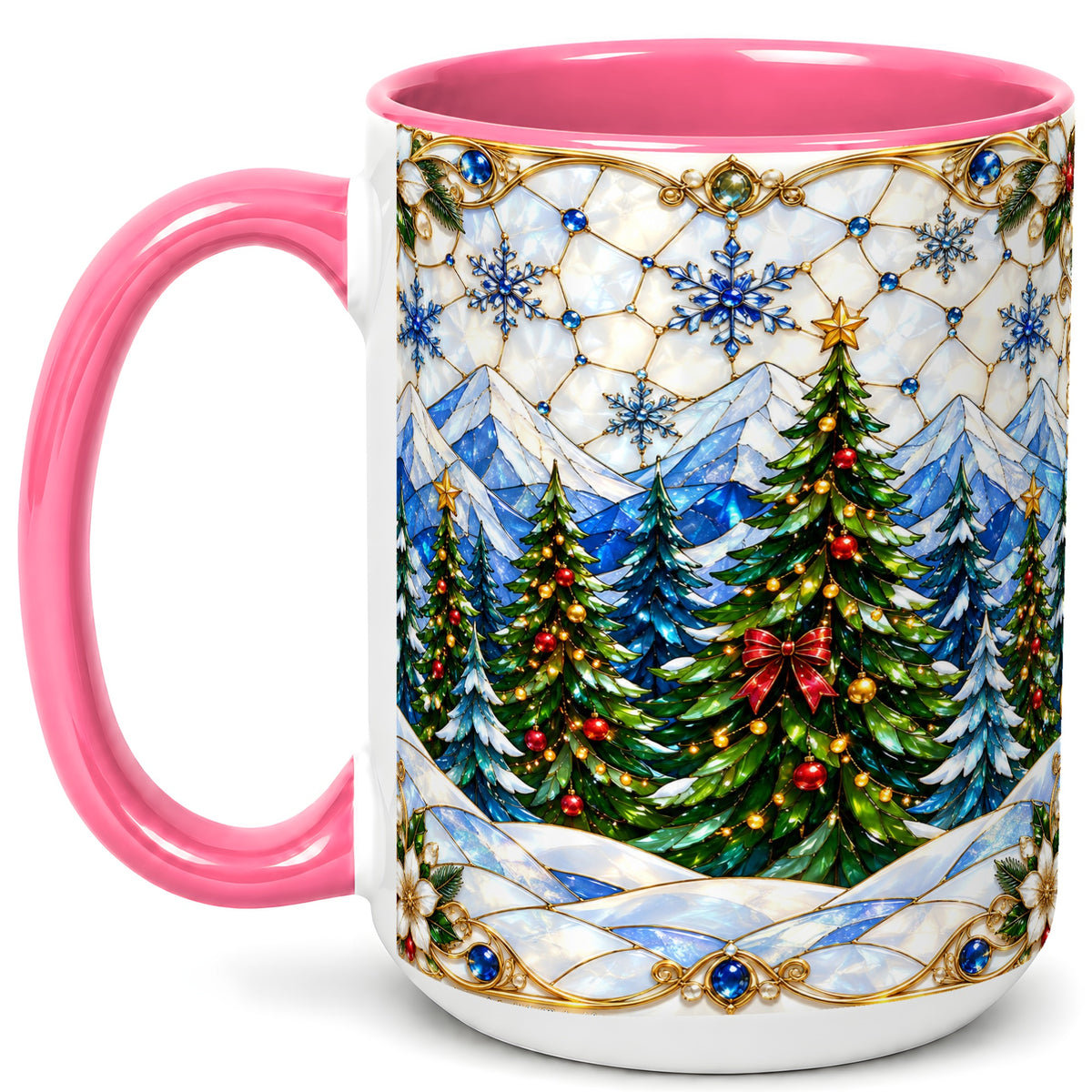 #pl[15oz|Pink] Christmas Mountain Forest Coffee Mug, Evergreen Mug, Ceramic Cup