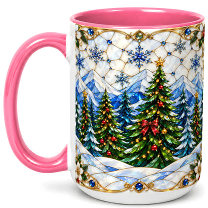 #pl[15oz|Pink] Christmas Mountain Forest Coffee Mug, Evergreen Mug, Ceramic Cup