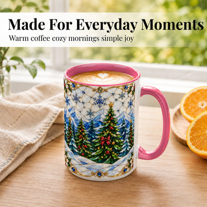 #pl[15oz|Pink] Christmas Mountain Forest Coffee Mug, Evergreen Mug, Ceramic Cup