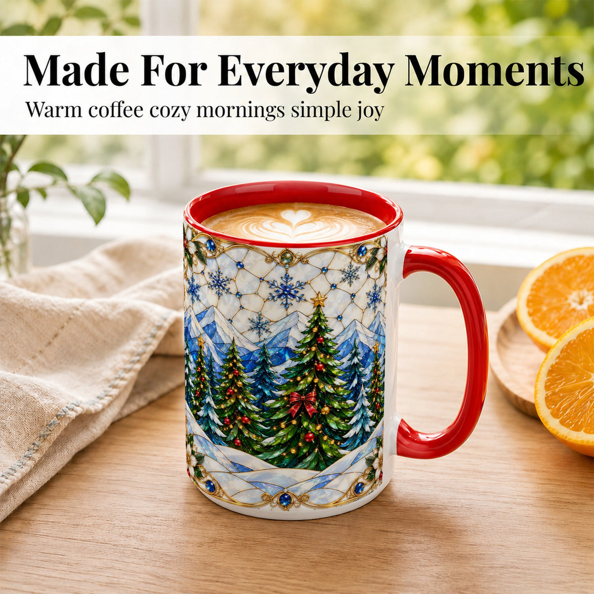 #pl[15oz|Red] Christmas Mountain Forest Coffee Mug, Evergreen Mug, Ceramic Cup