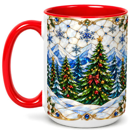 #pl[15oz|Red] Christmas Mountain Forest Coffee Mug, Evergreen Mug, Ceramic Cup