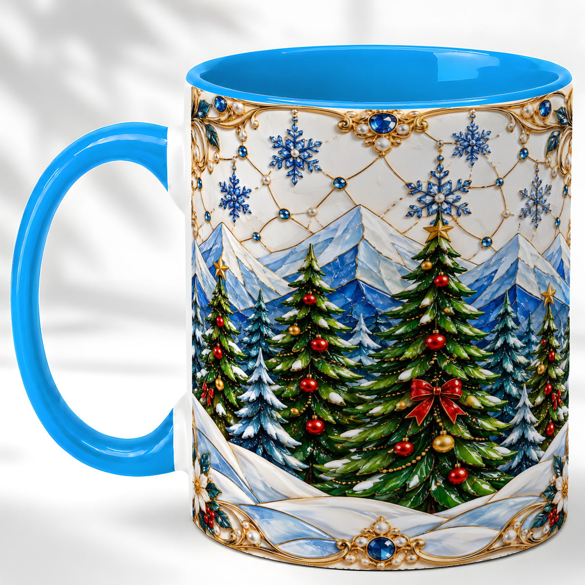 #pl[11oz|Blue] Christmas Tree Coffee Mug, Snowy Mountain Mug, Ceramic Cup