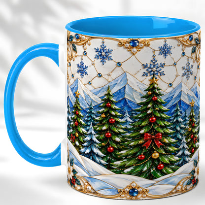 #pl[11oz|Blue] Christmas Tree Coffee Mug, Snowy Mountain Mug, Ceramic Cup
