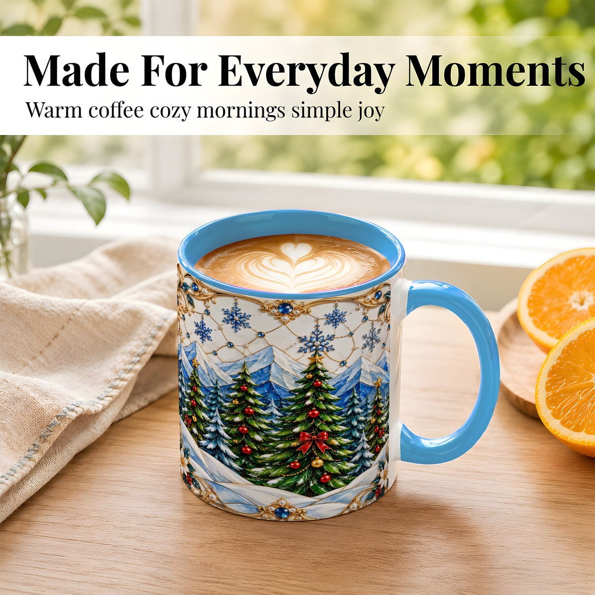 #pl[11oz|Blue] Christmas Tree Coffee Mug, Snowy Mountain Mug, Ceramic Cup