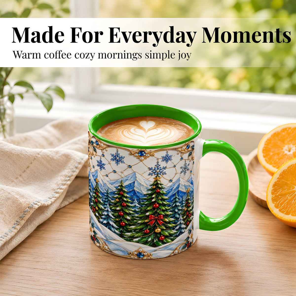 #pl[11oz|Green] Christmas Tree Coffee Mug, Snowy Mountain Mug, Ceramic Cup
