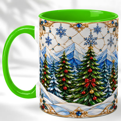 #pl[11oz|Green] Christmas Tree Coffee Mug, Snowy Mountain Mug, Ceramic Cup
