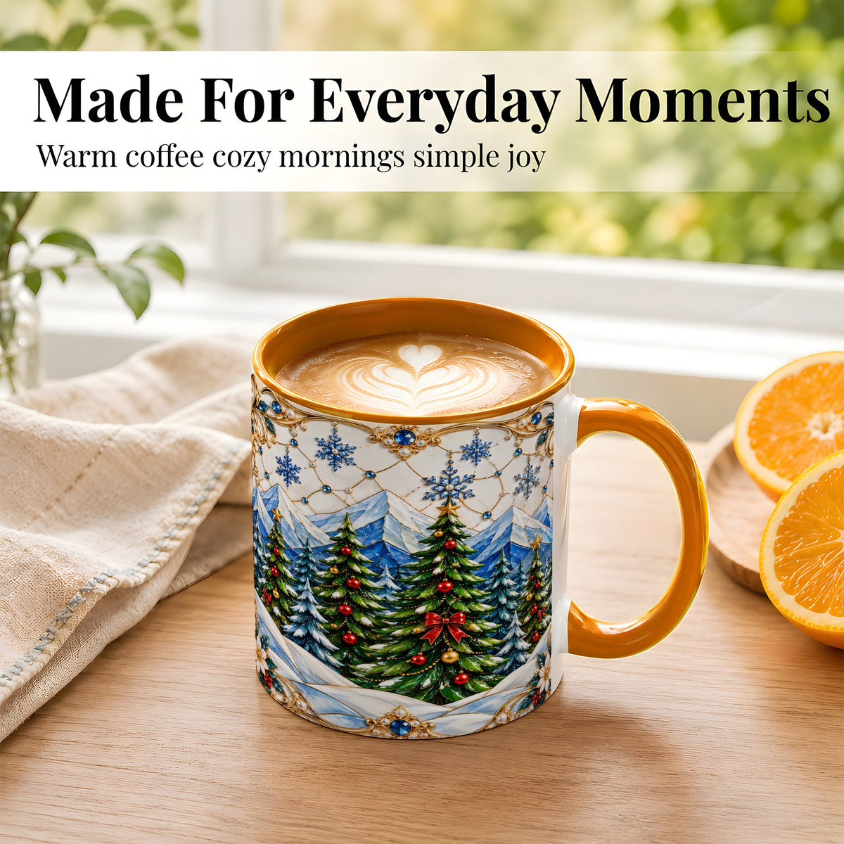 #pl[11oz|Orange] Christmas Tree Coffee Mug, Snowy Mountain Mug, Ceramic Cup
