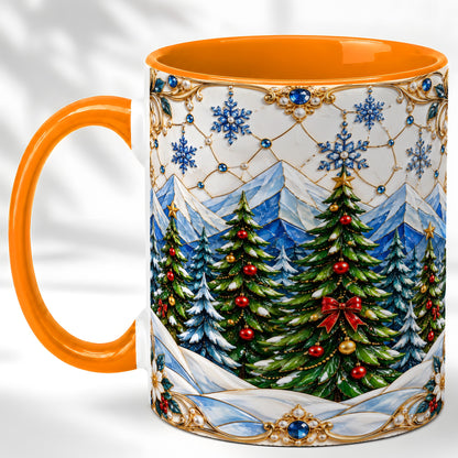#pl[11oz|Orange] Christmas Tree Coffee Mug, Snowy Mountain Mug, Ceramic Cup