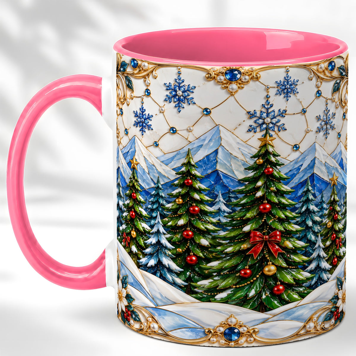 #pl[11oz|Pink] Christmas Tree Coffee Mug, Snowy Mountain Mug, Ceramic Cup