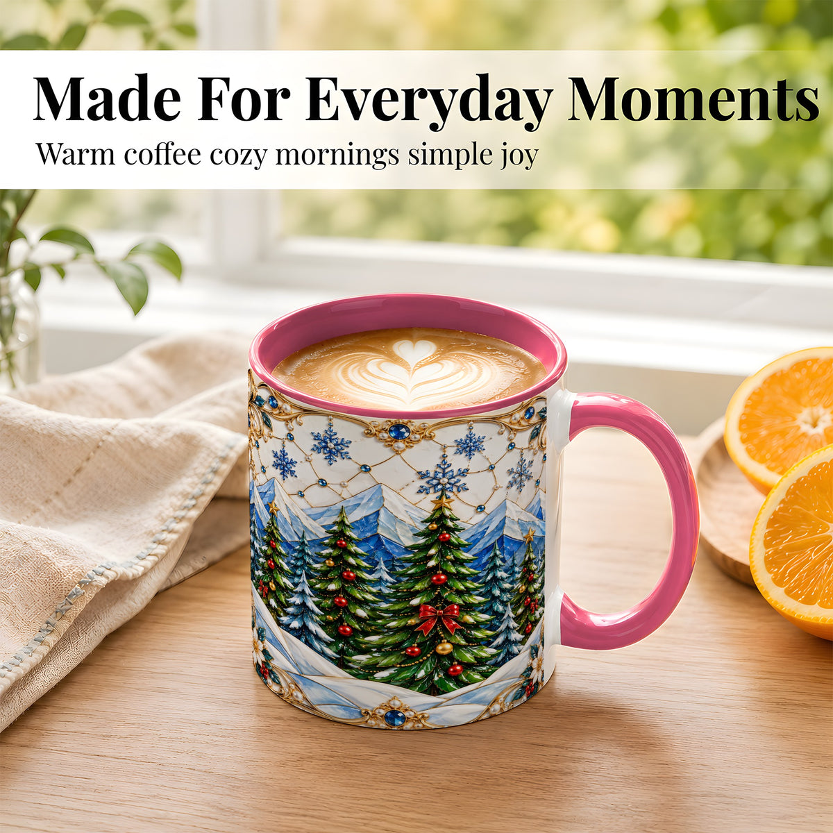 #pl[11oz|Pink] Christmas Tree Coffee Mug, Snowy Mountain Mug, Ceramic Cup