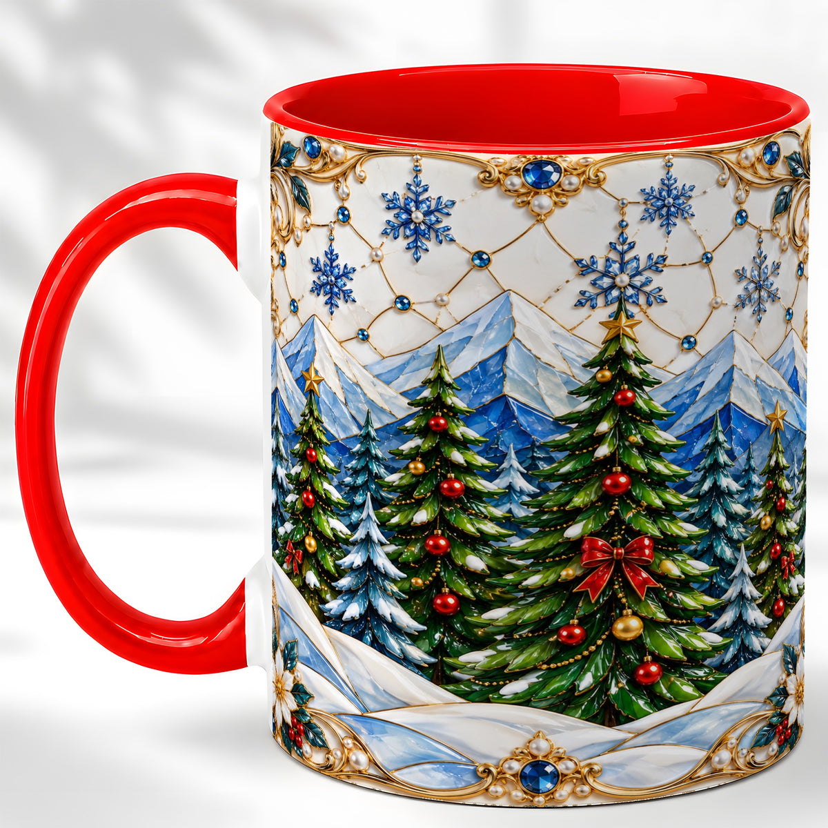 Christmas Tree Coffee Mug, Snowy Mountain Mug, Ceramic Cup