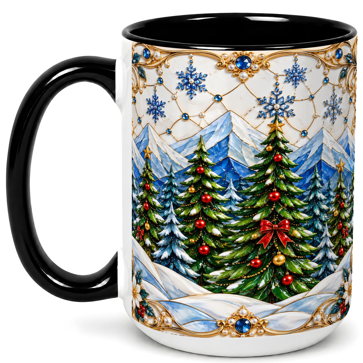 #pl[15oz|Black] Christmas Tree Coffee Mug, Snowy Mountain Mug, Ceramic Cup