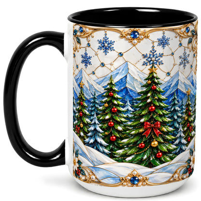#pl[15oz|Black] Christmas Tree Coffee Mug, Snowy Mountain Mug, Ceramic Cup