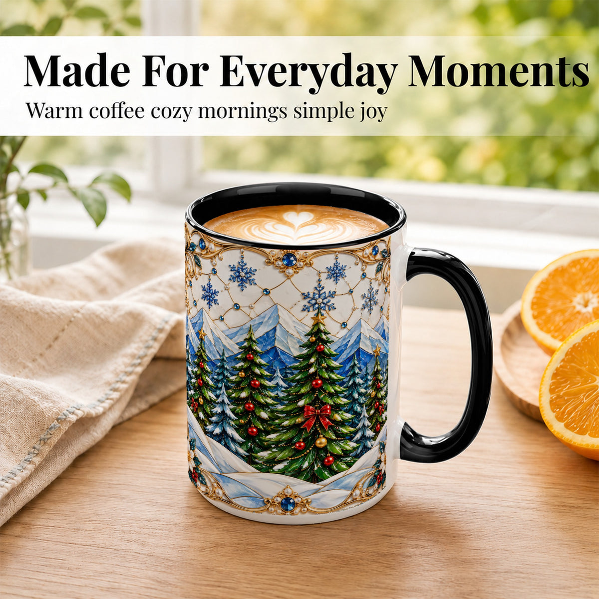 #pl[15oz|Black] Christmas Tree Coffee Mug, Snowy Mountain Mug, Ceramic Cup