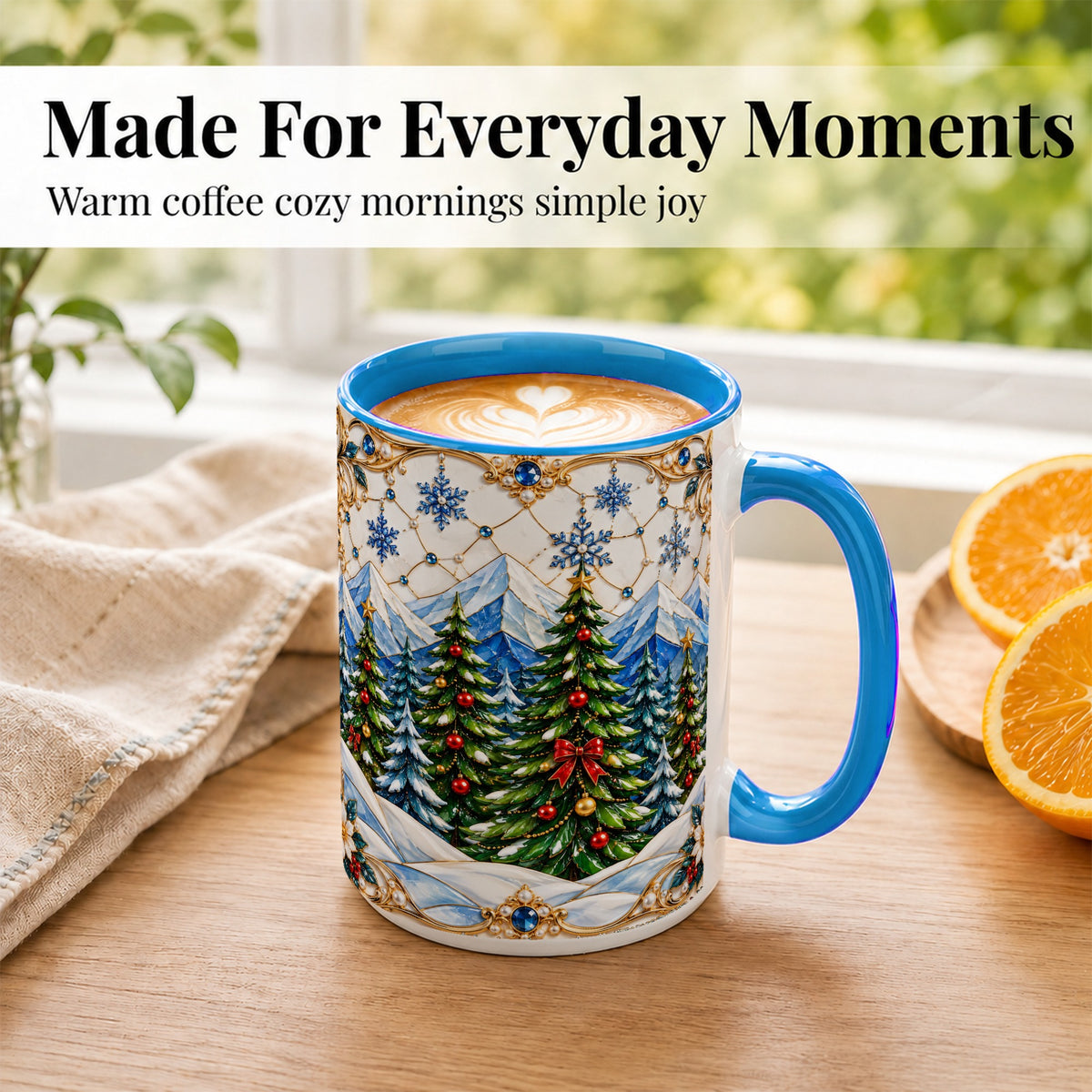 #pl[15oz|Blue] Christmas Tree Coffee Mug, Snowy Mountain Mug, Ceramic Cup