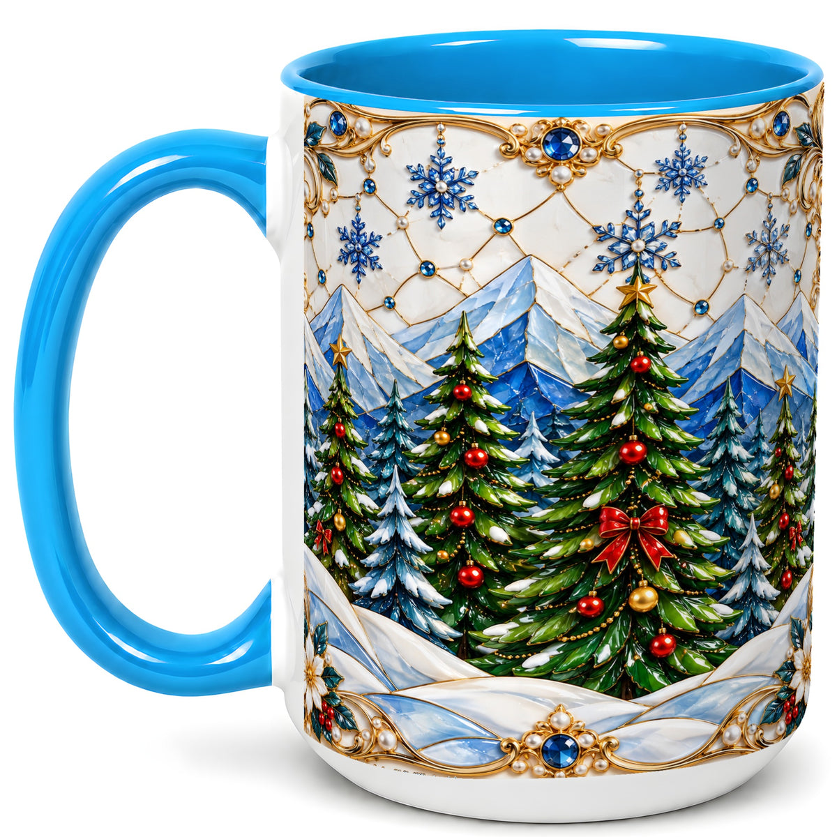 #pl[15oz|Blue] Christmas Tree Coffee Mug, Snowy Mountain Mug, Ceramic Cup