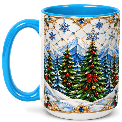 #pl[15oz|Blue] Christmas Tree Coffee Mug, Snowy Mountain Mug, Ceramic Cup