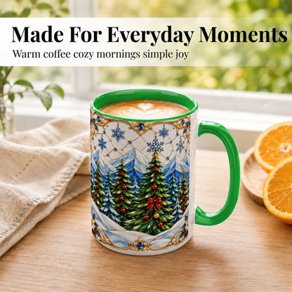 #pl[15oz|Green] Christmas Tree Coffee Mug, Snowy Mountain Mug, Ceramic Cup