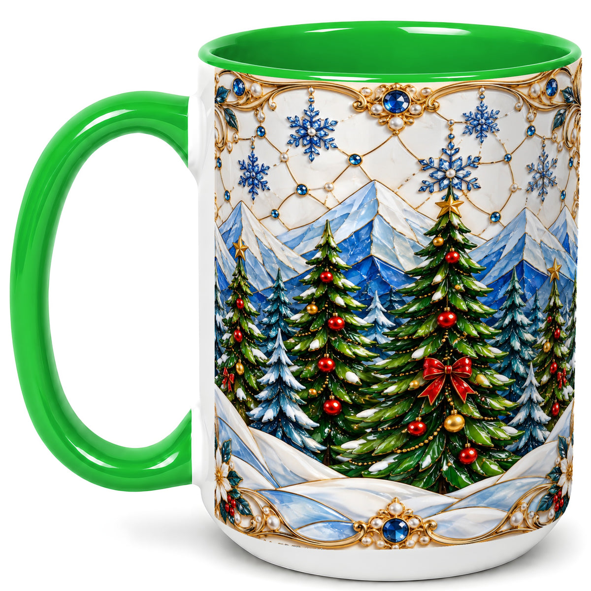 #pl[15oz|Green] Christmas Tree Coffee Mug, Snowy Mountain Mug, Ceramic Cup