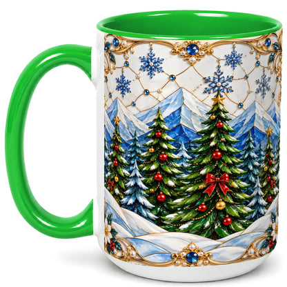 #pl[15oz|Green] Christmas Tree Coffee Mug, Snowy Mountain Mug, Ceramic Cup