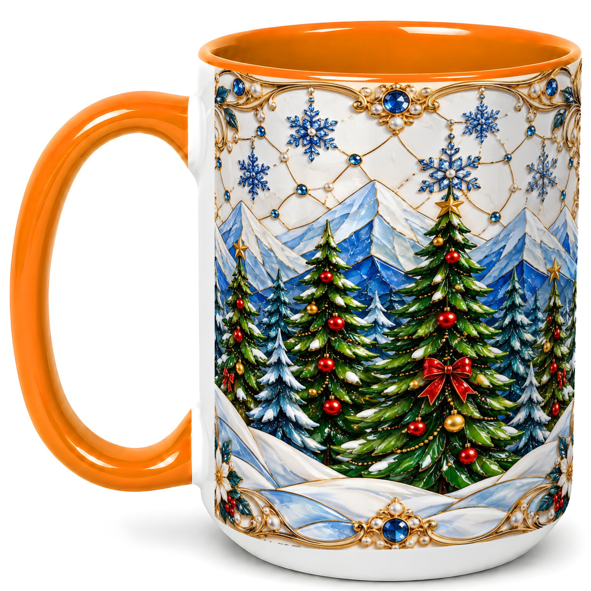 #pl[15oz|Orange] Christmas Tree Coffee Mug, Snowy Mountain Mug, Ceramic Cup