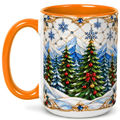 #pl[15oz|Orange] Christmas Tree Coffee Mug, Snowy Mountain Mug, Ceramic Cup