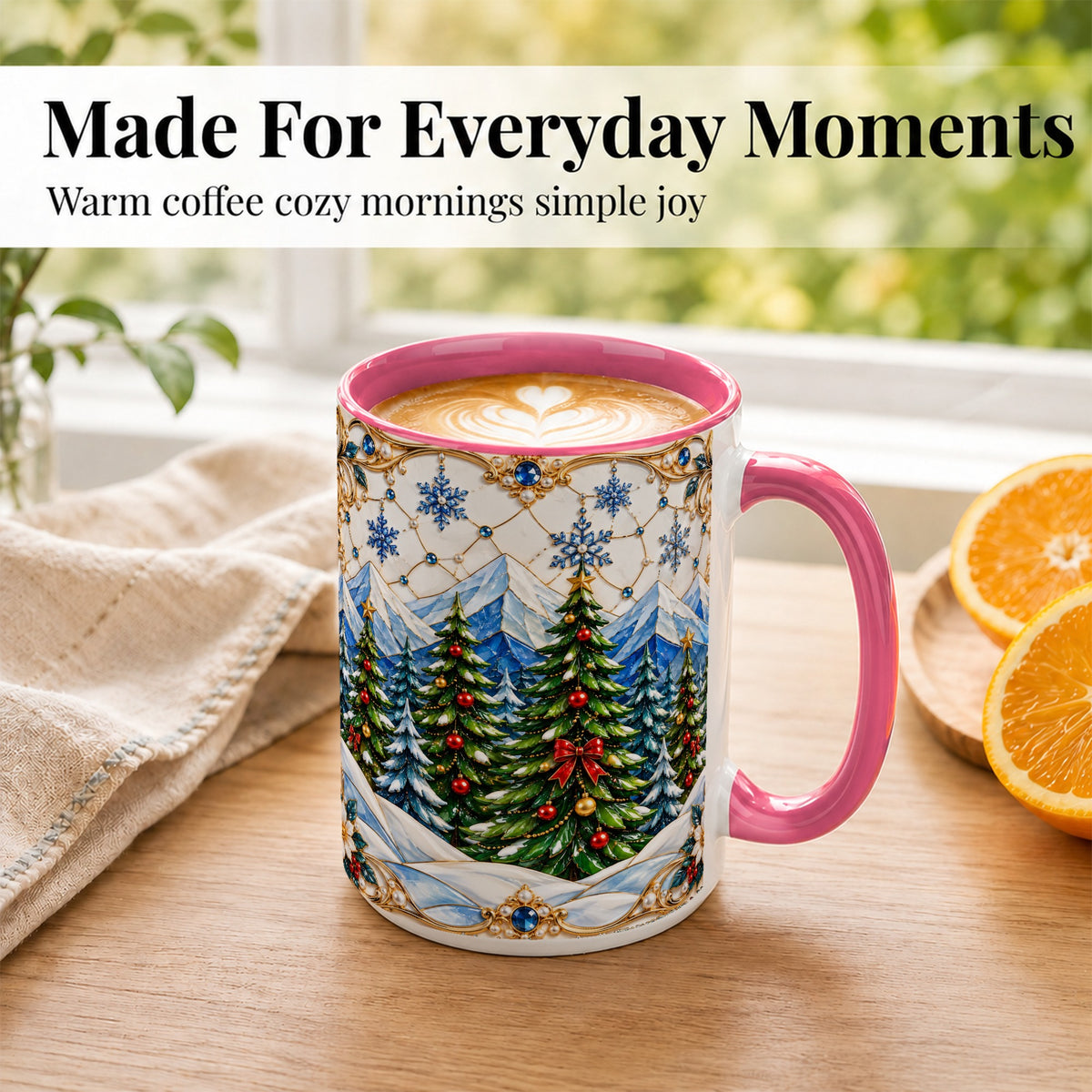 #pl[15oz|Pink] Christmas Tree Coffee Mug, Snowy Mountain Mug, Ceramic Cup