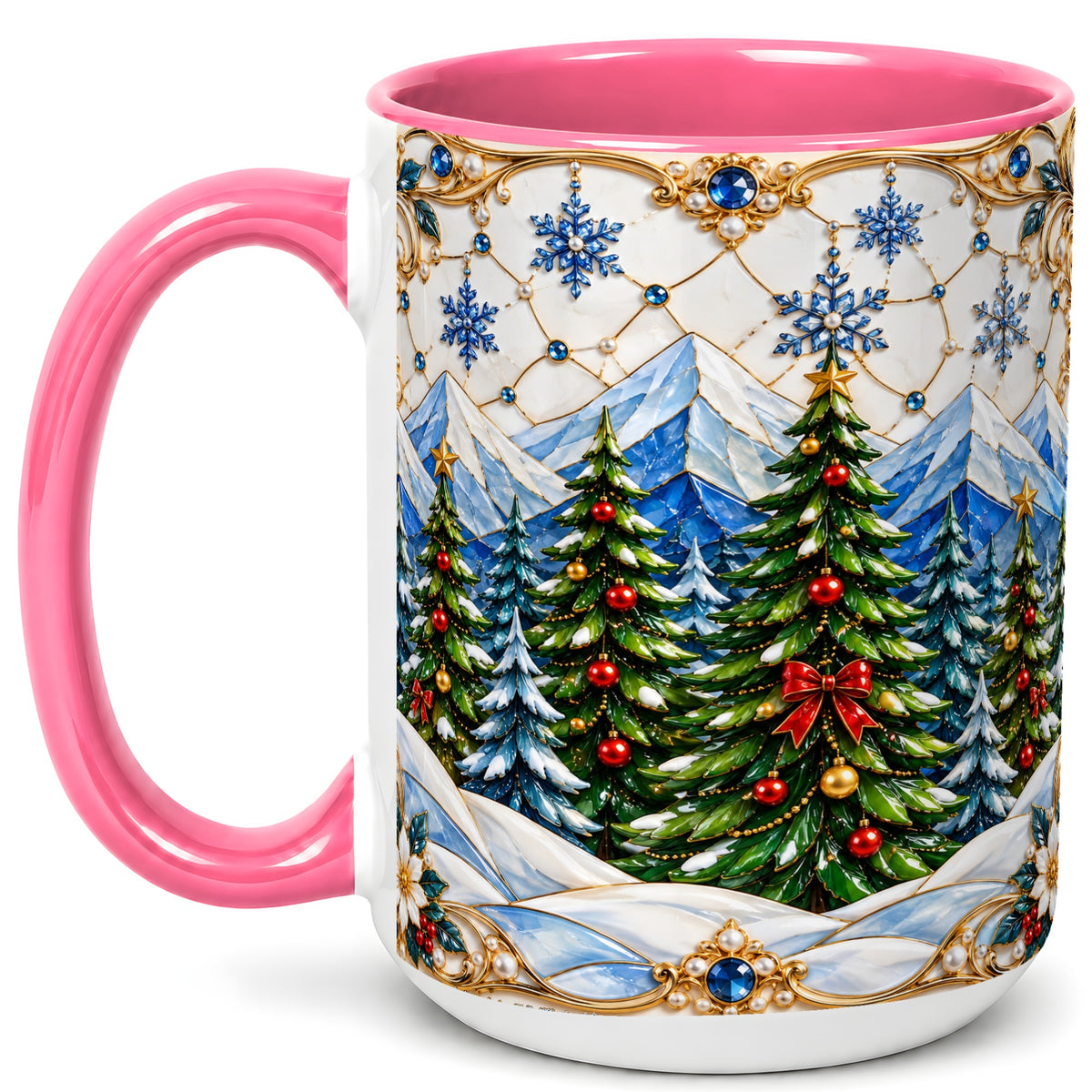 #pl[15oz|Pink] Christmas Tree Coffee Mug, Snowy Mountain Mug, Ceramic Cup