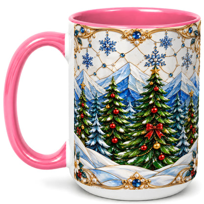 #pl[15oz|Pink] Christmas Tree Coffee Mug, Snowy Mountain Mug, Ceramic Cup