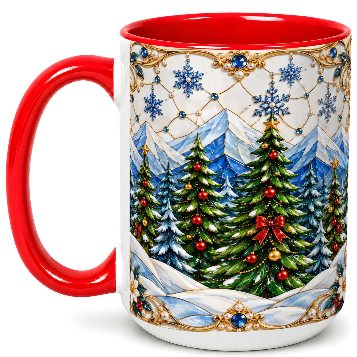 #pl[15oz|Red] Christmas Tree Coffee Mug, Snowy Mountain Mug, Ceramic Cup