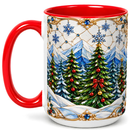 #pl[15oz|Red] Christmas Tree Coffee Mug, Snowy Mountain Mug, Ceramic Cup